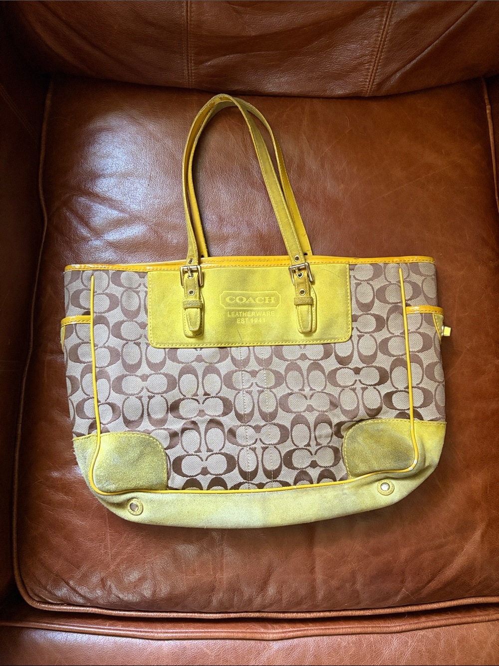 Coach Y2K Brown Signature Canvas Tote with Yellow Trim - Project